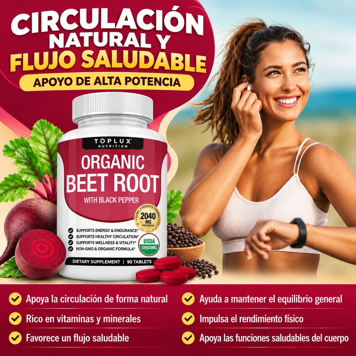 Organic Beet Root 2040 mg | Energía y Circulación | 90 Cápsulas