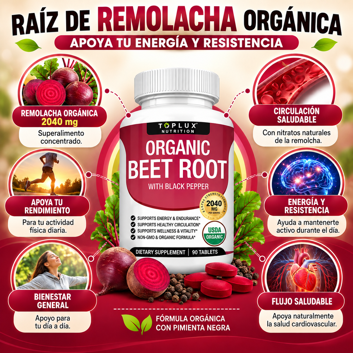 Organic Beet Root 2040 mg | Energía y Circulación | 90 Cápsulas