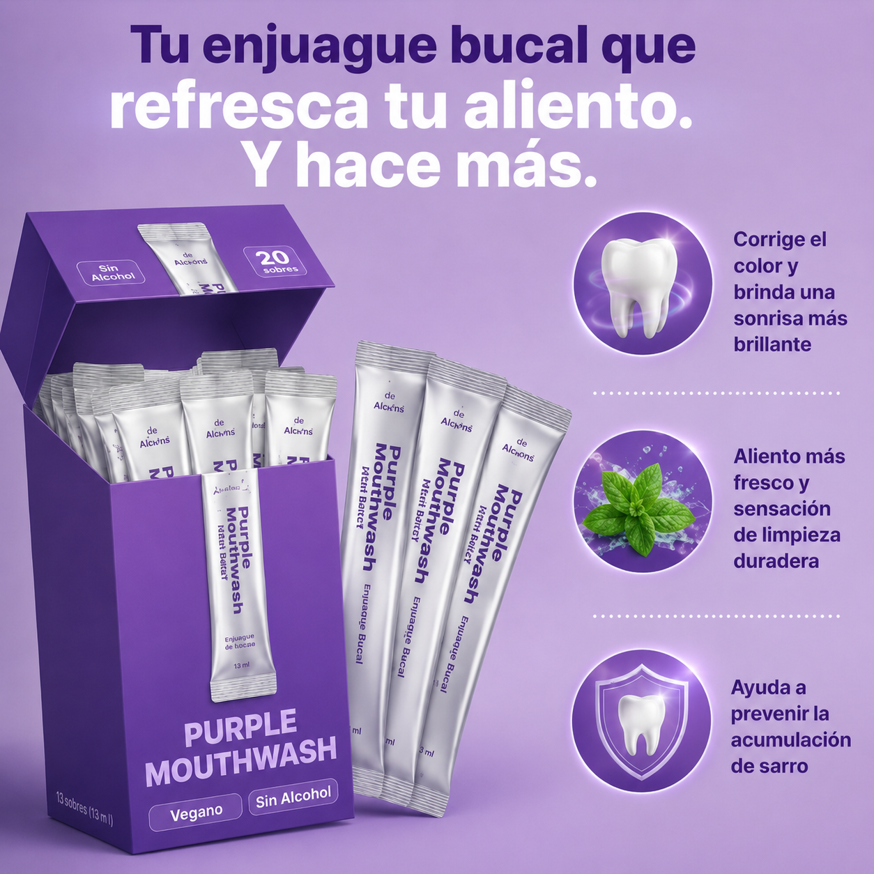 Enjuague bucal morado blanqueador de dientes